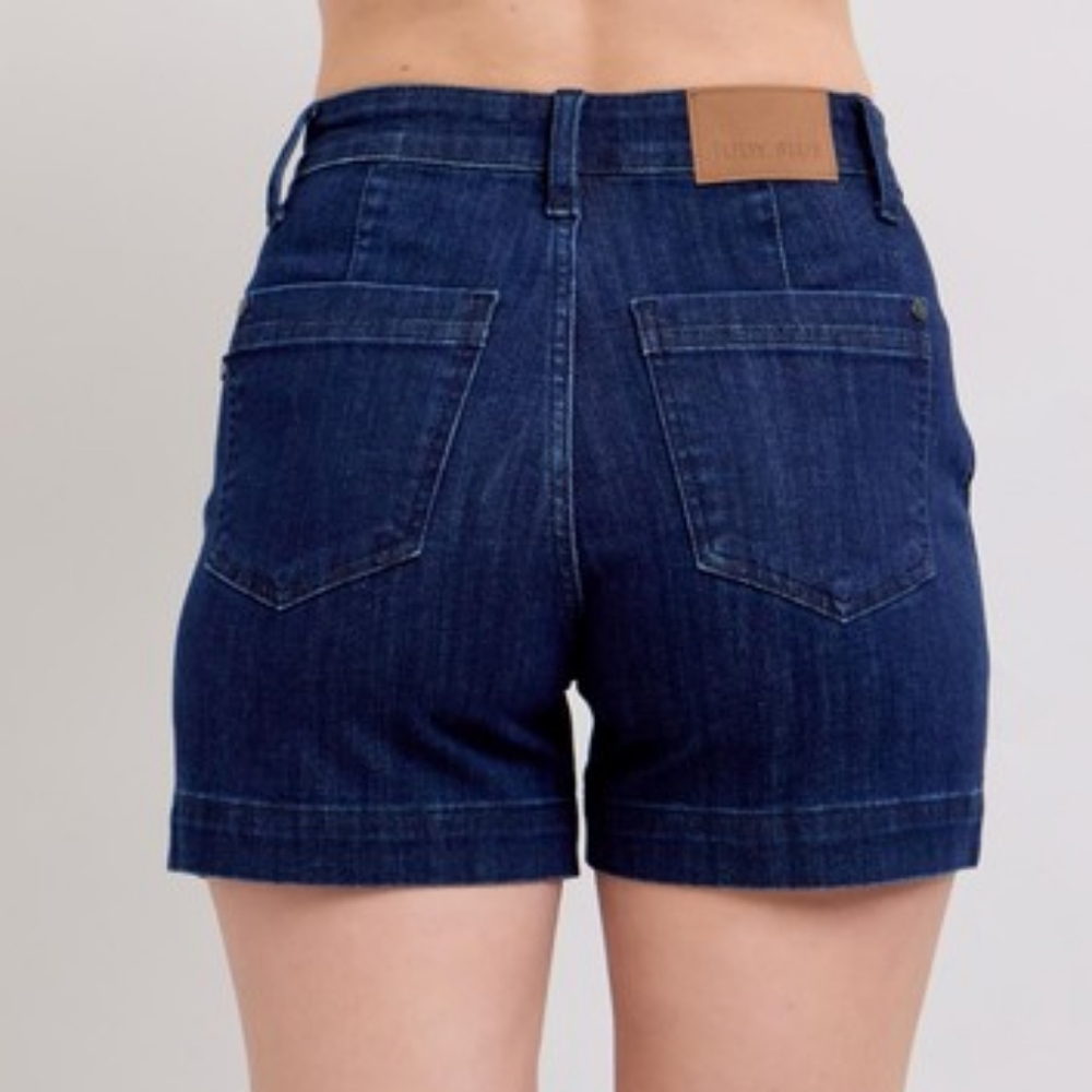 Judy Blue High-Rise Relaxed Boyfriend Dark Jean Mid-length Classic Denim Shorts - Picture 8 of 16